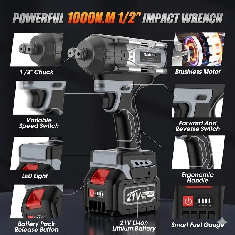 1000N.m Brushless Cordless Impact Wrench, All-Metal Cordless Impact Gun with 2 * 4.0Mah, 3-IN-1 Electric Impact Wrench with 5 Sleeves