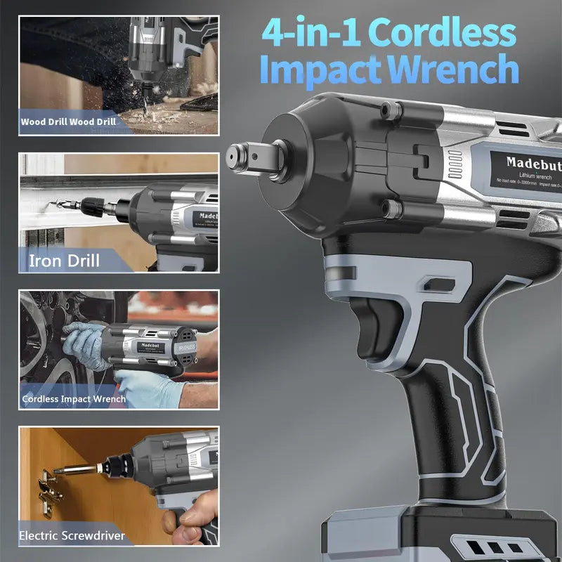 1000N.m Brushless Cordless Impact Wrench, All-Metal Cordless Impact Gun with 2 * 4.0Mah, 3-IN-1 Electric Impact Wrench with 5 Sleeves