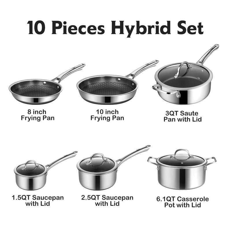 10-Piece Hybrid Cookware Set with Lids – Nonstick Stainless Steel Pots & Pans