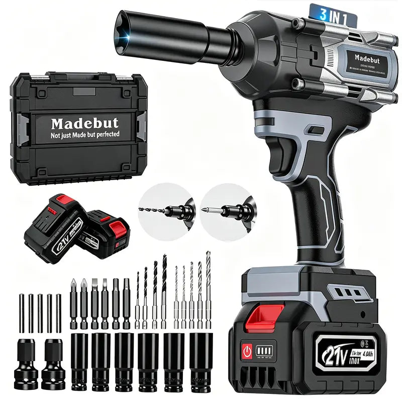 1000N.m Brushless Cordless Impact Wrench, All-Metal Cordless Impact Gun with 2 * 4.0Mah, 3-IN-1 Electric Impact Wrench with 5 Sleeves