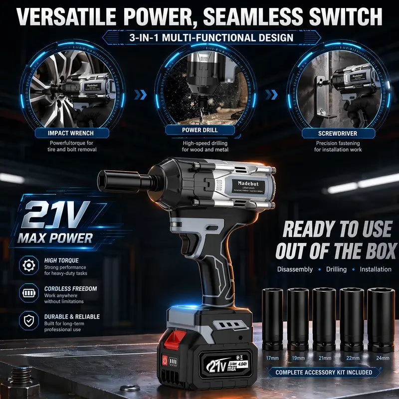1000N.m Brushless Cordless Impact Wrench, All-Metal Cordless Impact Gun with 2 * 4.0Mah, 3-IN-1 Electric Impact Wrench with 5 Sleeves