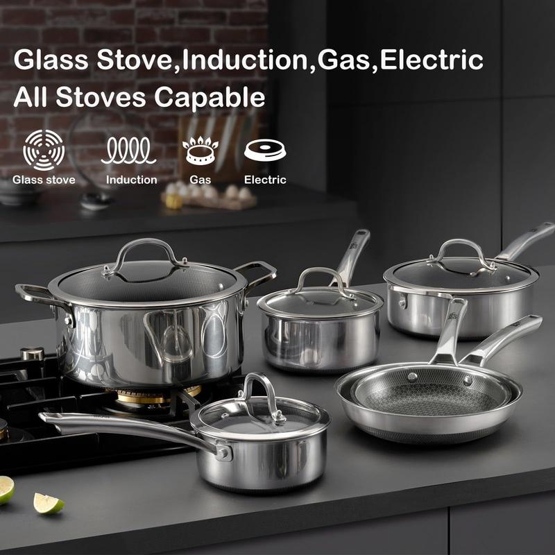 10-Piece Hybrid Cookware Set with Lids – Nonstick Stainless Steel Pots & Pans