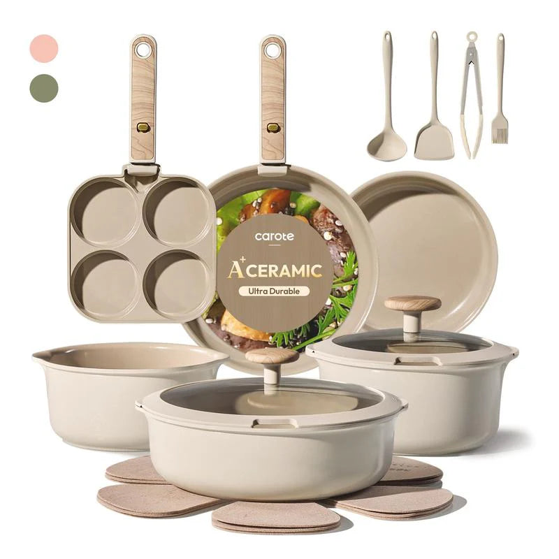 19Pcs Ceramic Cookware Set Nonstick with Detachable Handle