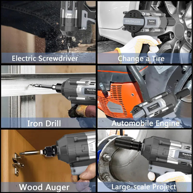 1000N.m Brushless Cordless Impact Wrench, All-Metal Cordless Impact Gun with 2 * 4.0Mah, 3-IN-1 Electric Impact Wrench with 5 Sleeves
